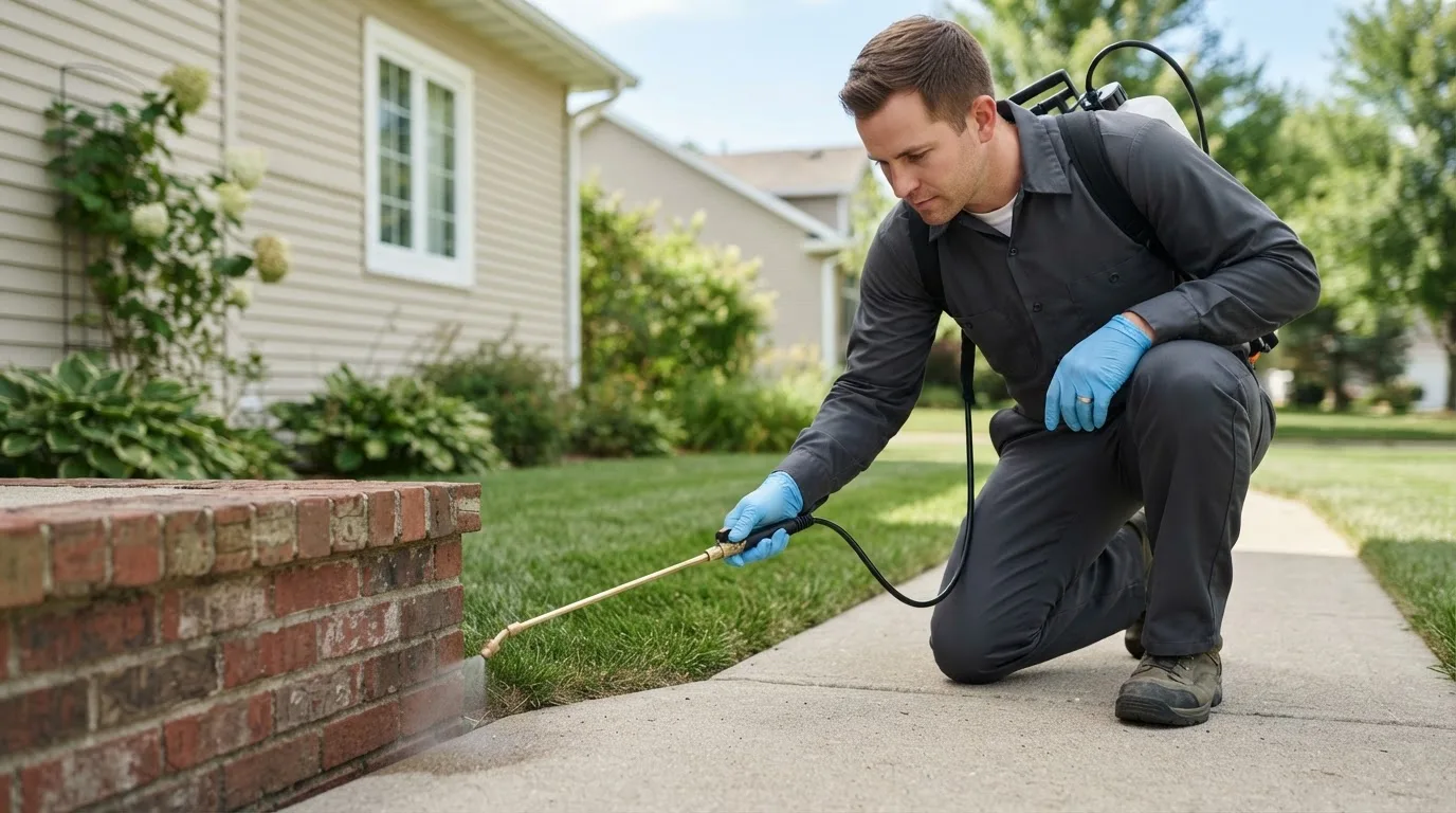 Pest control technician treating a home near Westbury, NY